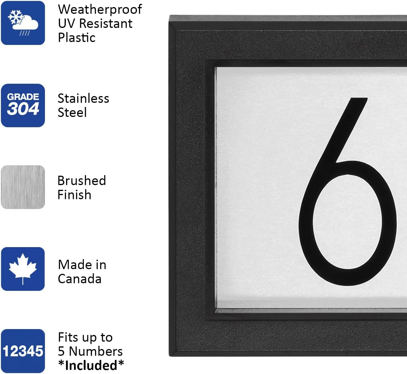Rectangular Address Plaque – 4’’ Peel & Stick House Numbers INCLUDED – Outdoor Weatherproof Home Sign– PRO-DF - Made in Canada (Black & Silver)