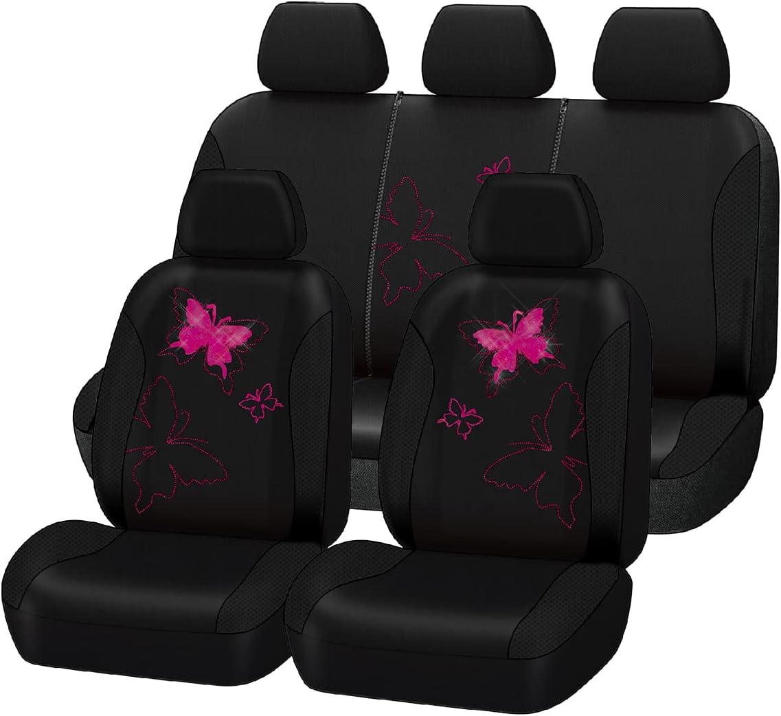 Flying Banner Butterfly car seat Covers ful Set Fashion Universal Lady Woman Female Rear Bench Split Colorized (Black Rose Red, Full Set - Lace)