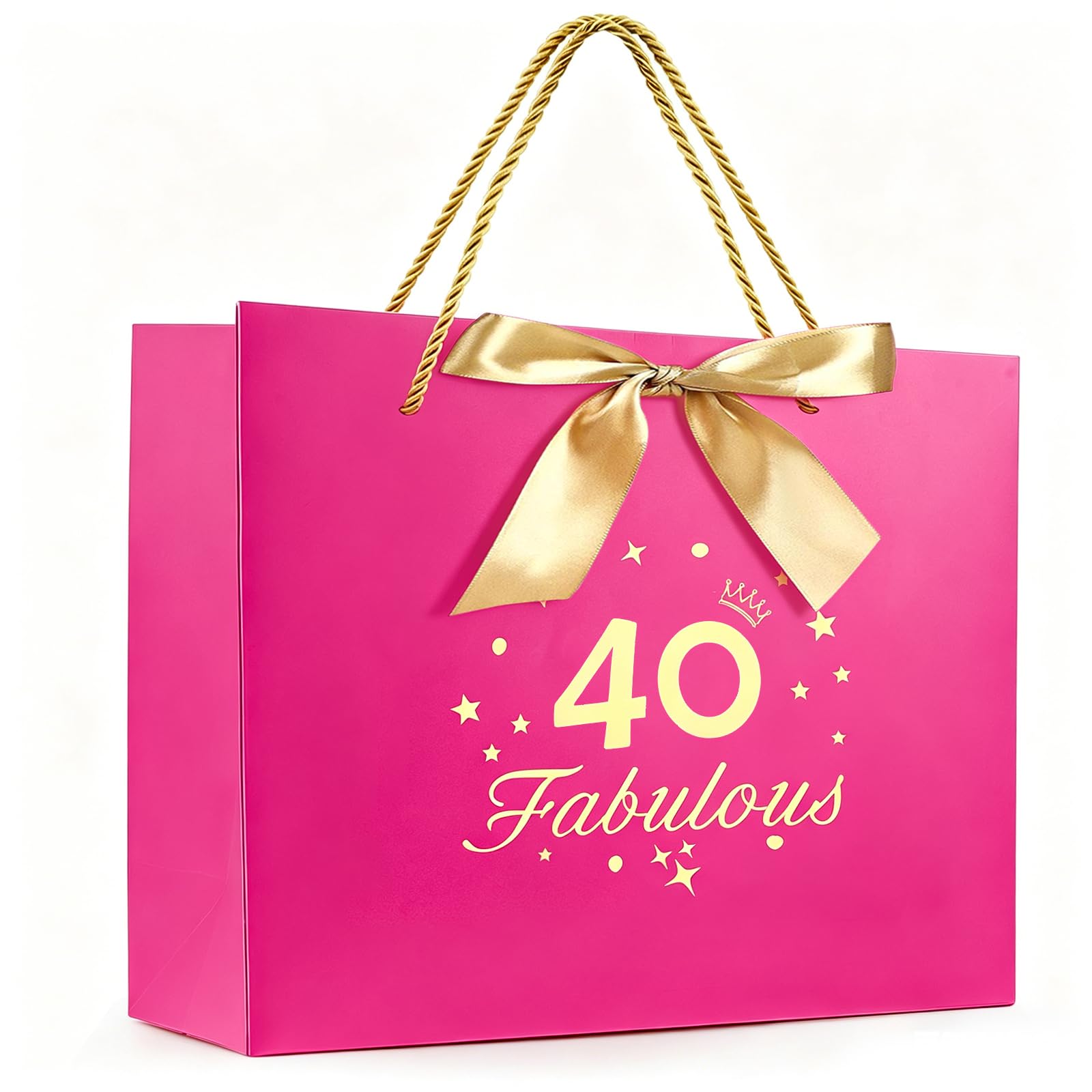 Hot Pink 40 Birthday Paper Gift Bag with Gold Greeting Handles and Ribbon, 32x25x11cm Luxury Paper Bags for Women 40th Birthday Wrapping Wedding Party Christmas Valentines Decorations Supplies — image 1