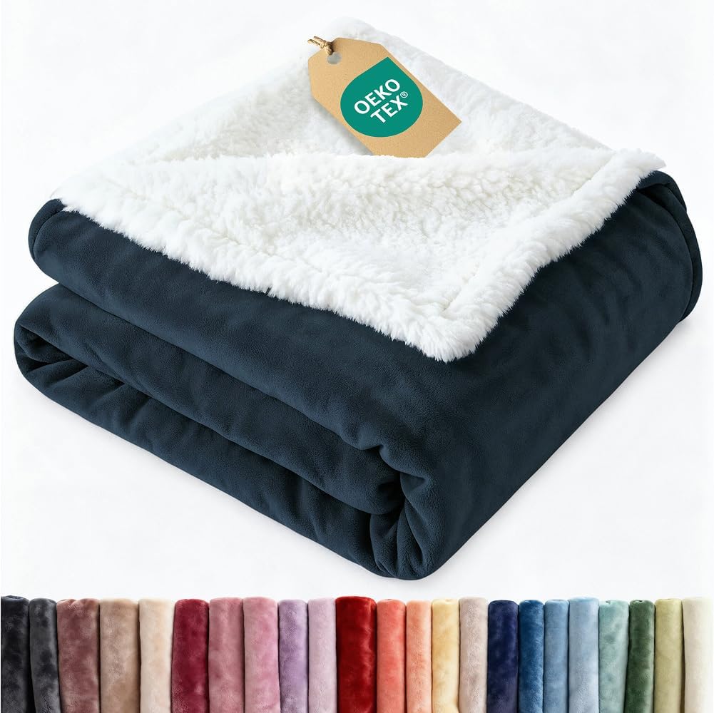 Sherpa Fleece Blanket Throw Size - Reversible Sherpa Fleece Throw Blanket - Super Soft Double Sided for Bed, Sofa, Couch - Thick, Warm, Fuzzy & Plush - Luxurious Bedding for Winter - Navy, 50" x 60" 12 - Navy Throw (50" x 60")