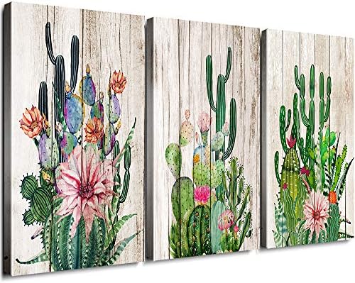 Canvas Prints Wall Decor Art Cactus Desert Plant with Spiny Flower Watercolor Hand Painted on Wooden Board Modern Nordic Style Painting Pictures Homes Decorations Office 18" x 24" 3 Pieces/Set