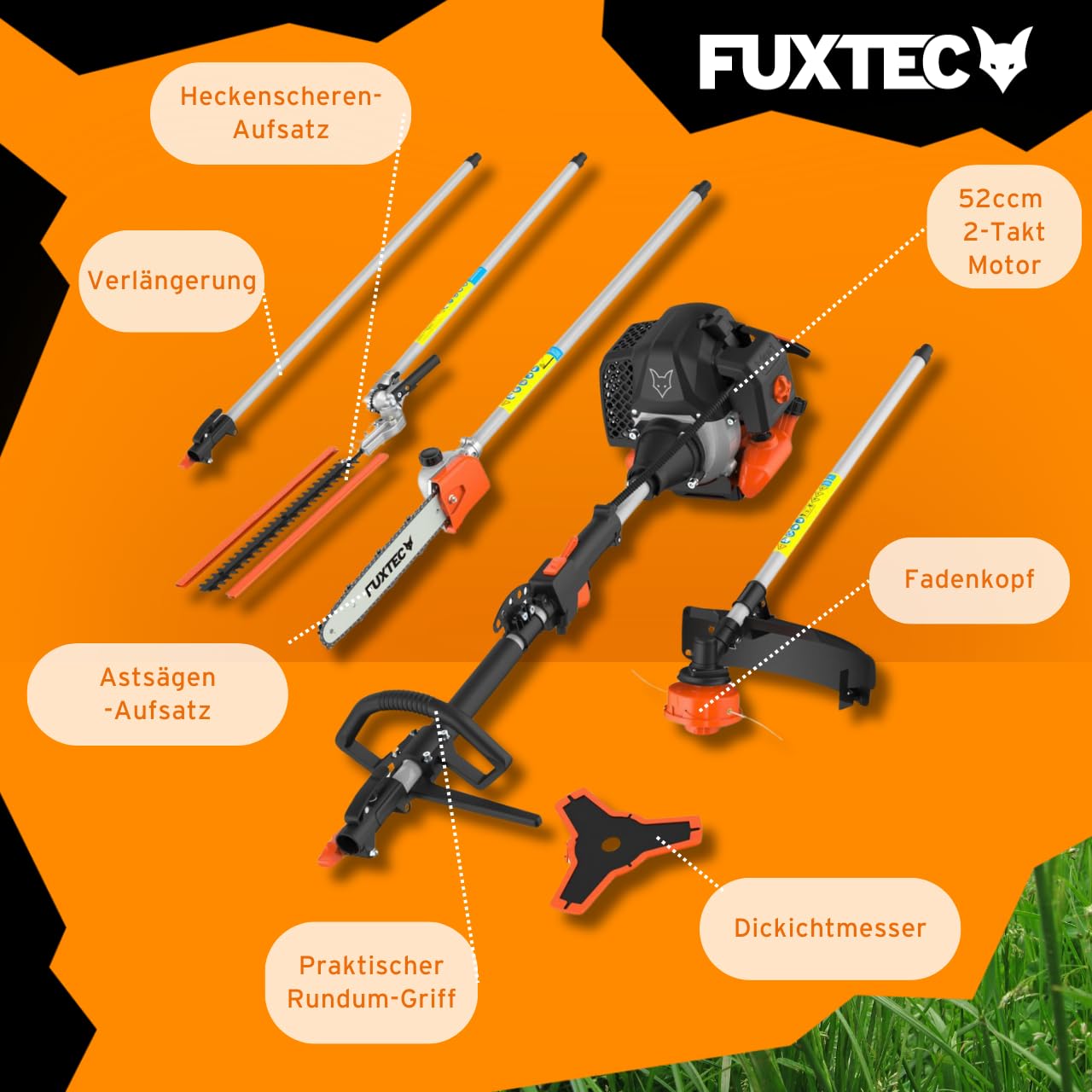 FUXTEC Benzin Motorsense FX-MT152E 5in1 Multitool, 52 cc, Profi-Tragegurt und inkl. 1m Verlängerung 3 PS Kombigerät Heckenschere Hochentaster Kombisystem Freischneider fs 2-Takt Test Oberklasse 1,4