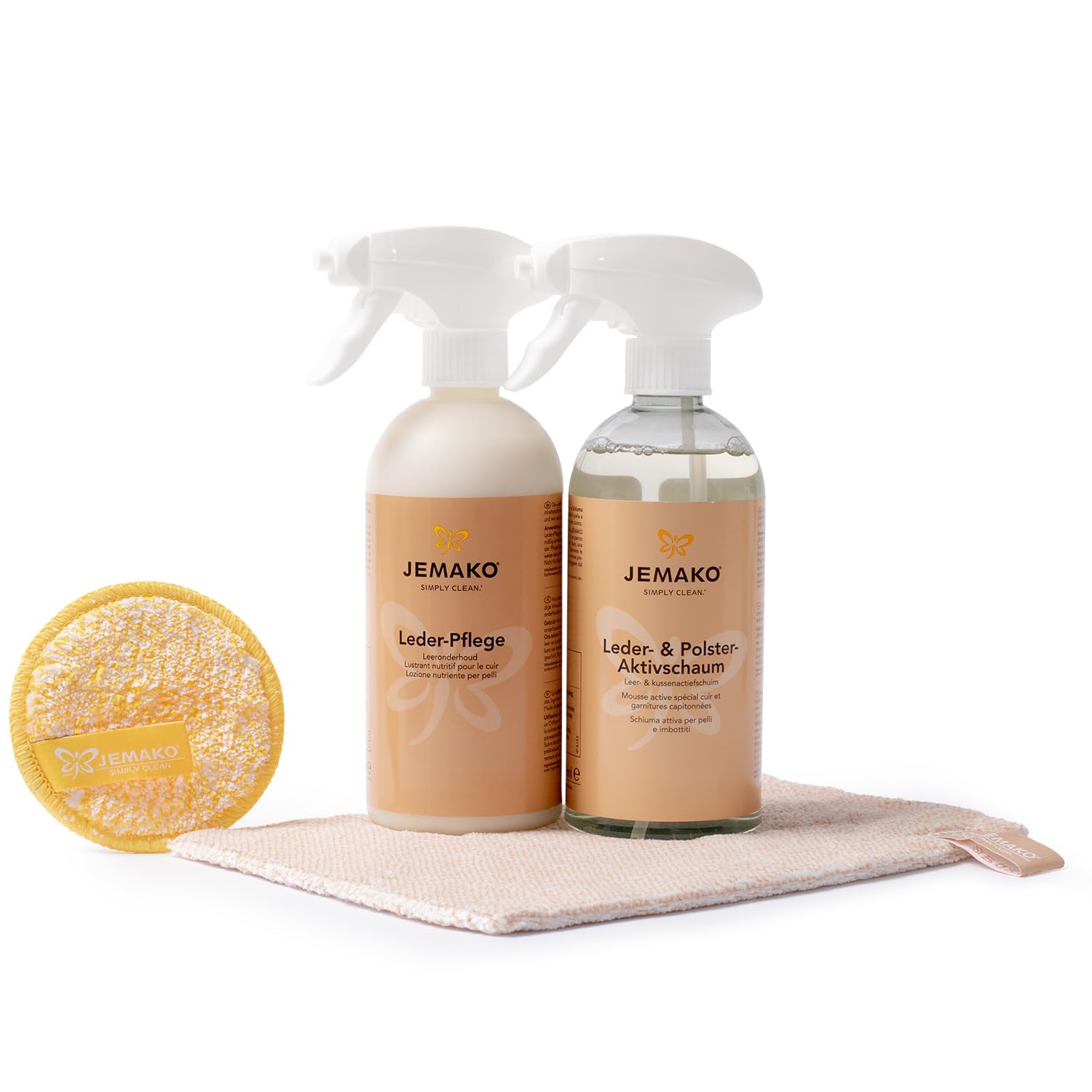 JEMAKO Kit d'entretien du cuir avec mousse active pour cuir et rembourrage, chiffon d'entretien et DuoPad jaune – Nettoyage efficace et soin doux