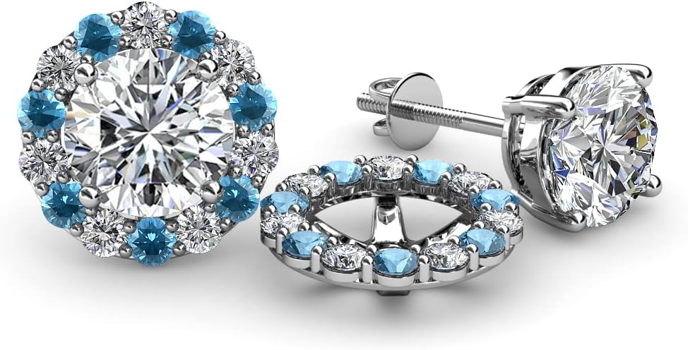 Round Blue Topaz & Diamond 0.77 ctw Halo Jacket for Stud Earrings 14K Gold