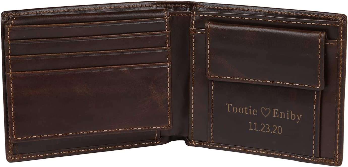 Nobelook Custom Genuine Leather Wallet for Men Engraved Photo Initial Text Bifold Mens Wallet Personalized Gift for Dad Husband Boyfriend Grandpa Son Fathers Day Birthday Anniversary