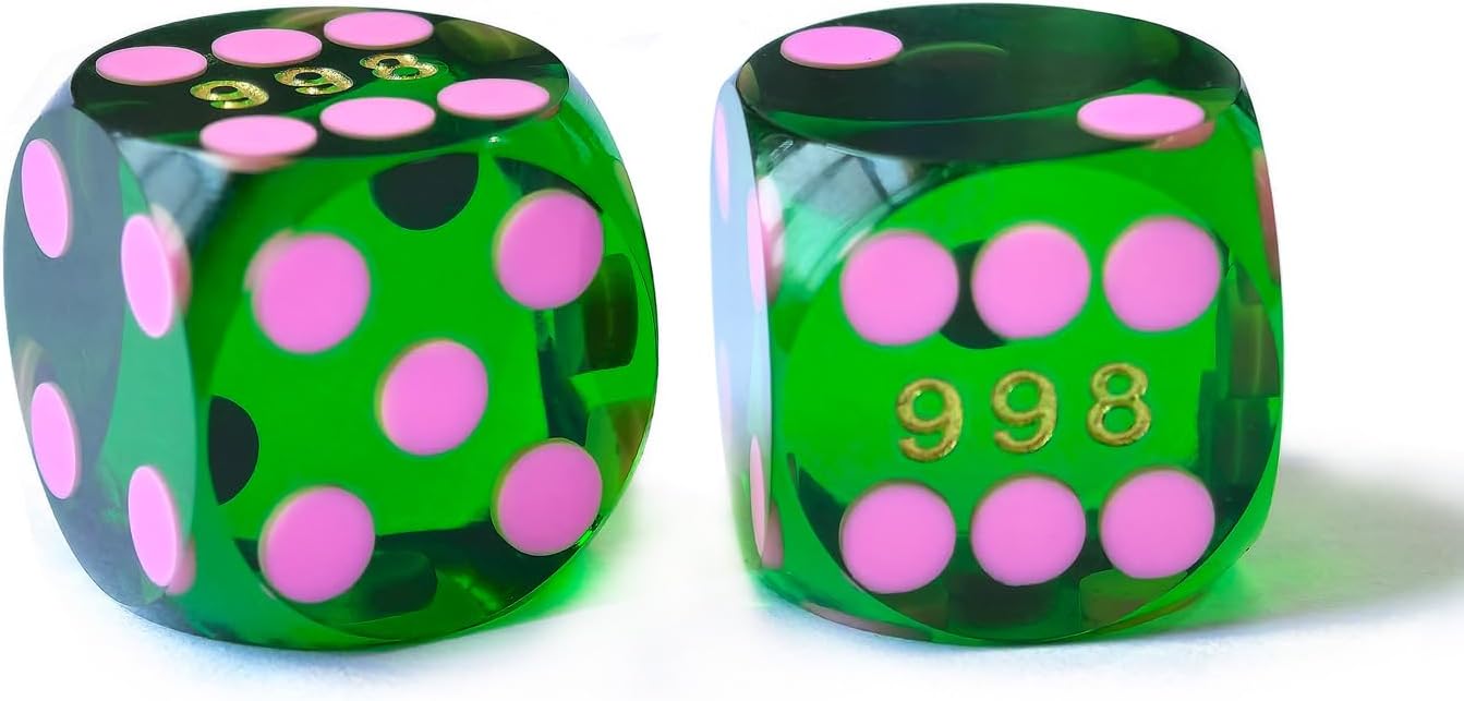 Bescon Professional Precision Dice Round Corner 9/16" (14.3mm) with Colorful Dots, Colored Dots Precision Backgammon Dice 14.3MM (Gem Green Dice with Pink dots)
