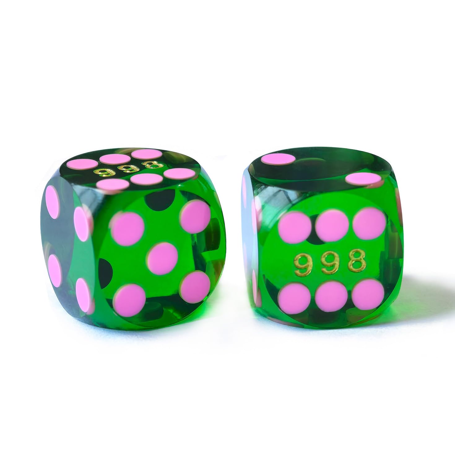 Bescon Professional Precision Dice Round Corner 9/16" (14.3mm) with Colorful Dots, Colored Dots Precision Backgammon Dice 14.3MM (Gem Green Dice with pink dots)