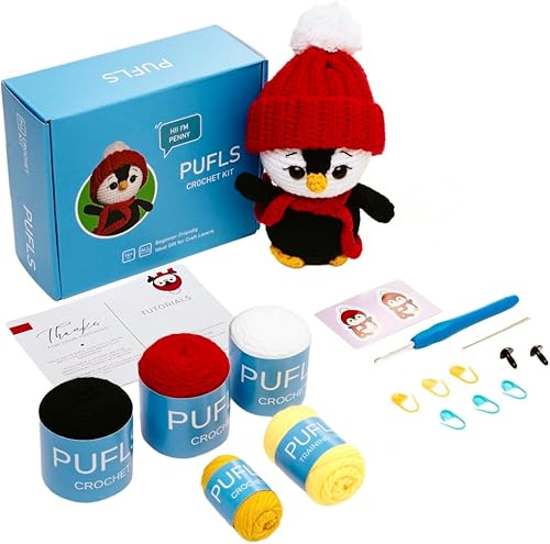 PUFLS Kit de ganchillo de pingüino para principiantes y niños, kit de ganchillo para principiantes para adultos y niños con tutoriales en video,