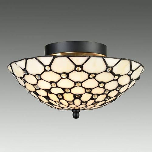 Miniatura 2 de DIRYZON EUL Tiffany Style - Lámpara de techo semiempotrada de latón antiguo y pantalla de vidrio colorido, 3 luces