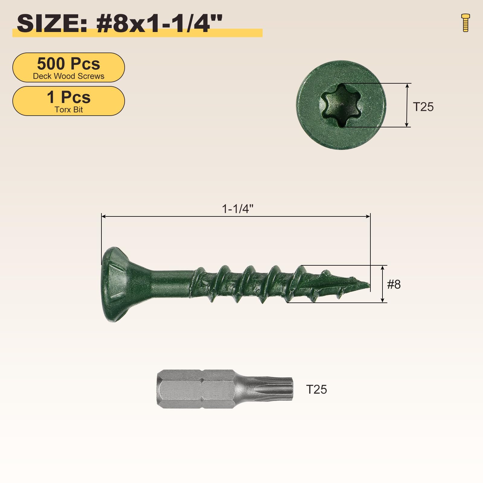 METALLIXITY Deck Screws (#8x1-1/4") 500Pcs, Carbon Steel Wood Screw Decking Screws Epoxy Coated with T25 Torx Drive Head - Image 2