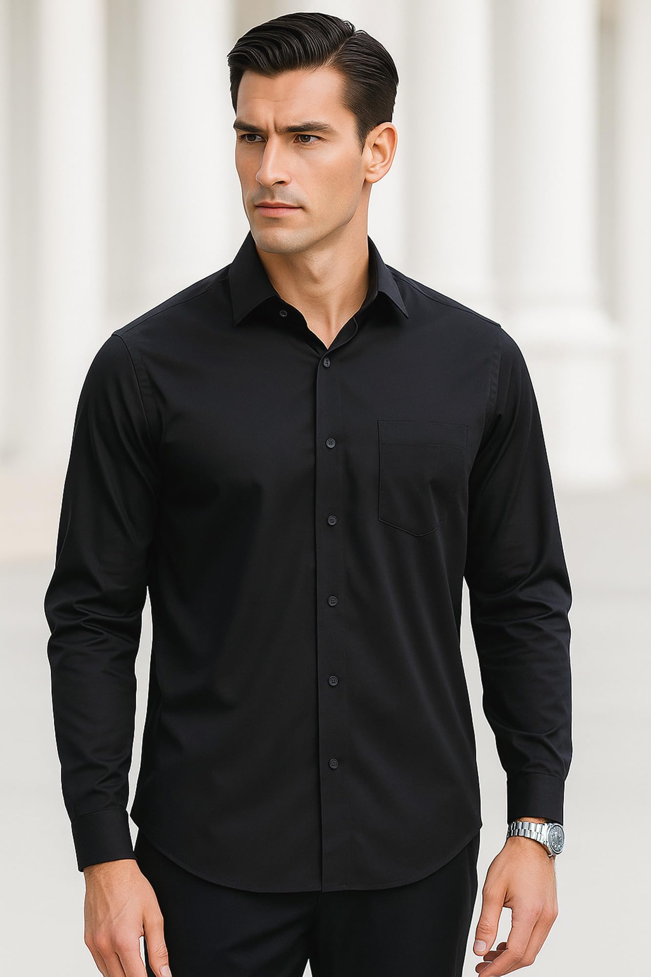 KOSMEEU Camicia Uomo Manica Lunga Shirts Collo Coreana Slim Fit Camicie Tradizionale Bianca Nero per Tempo Libero Facile da Lavare e Stirare Camice Uomo con Tasca