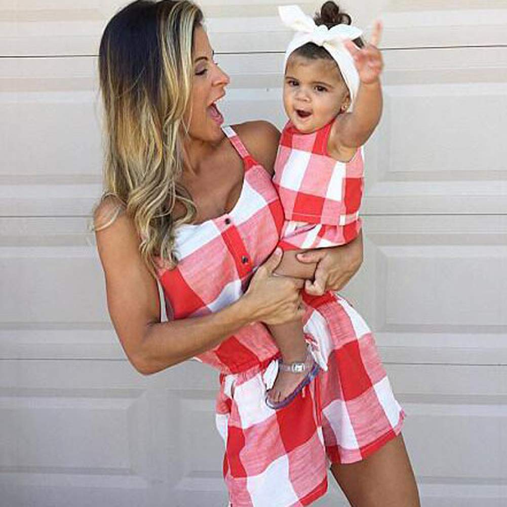Mommy and Me Matching Clothes Sleeveless Plaid Romper Jumpsuit Family Matching One-Piece Outfits (Pink, Mom L)