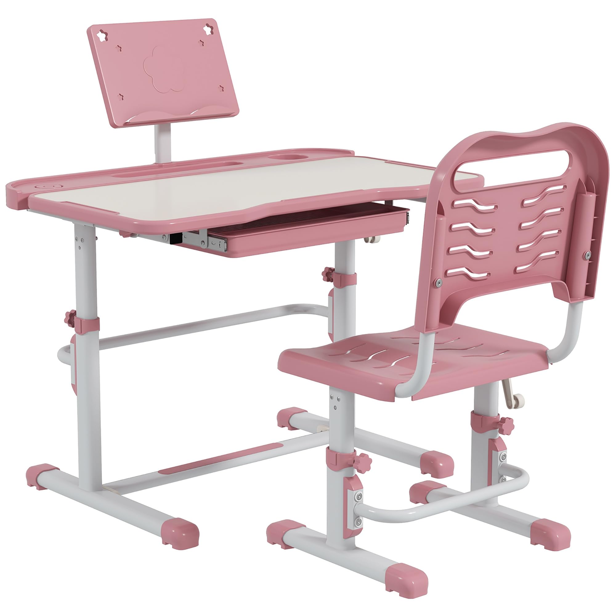 ZONEKIZ Juego de Escritorio y Silla para Niños de 6-12 Años Pupitre Infantil Altura y Ángulo Ajustable con 1 Cajón y 1 Estante para Libros 80x49,5x82-104 cm Rosa y Blanco