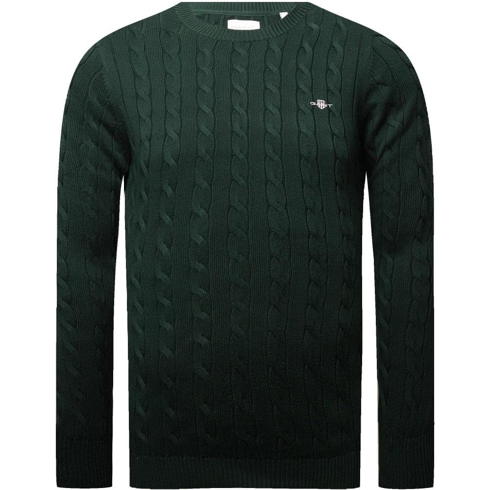 Gant Men's Green Cotton Cable C-Neck Jumper, Tartan 4XL