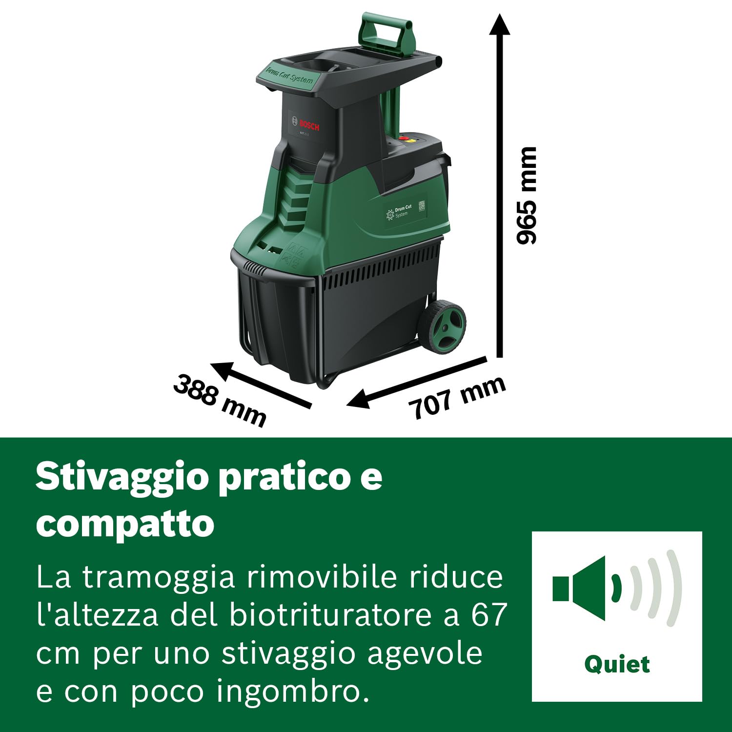 Bosch Biotrituratore silenzioso AXT 25 D (2500 W; idoneo per legno resistente e arbusti spinosi; cesto di raccolta integrato da 53 l; in confezione di cartone)