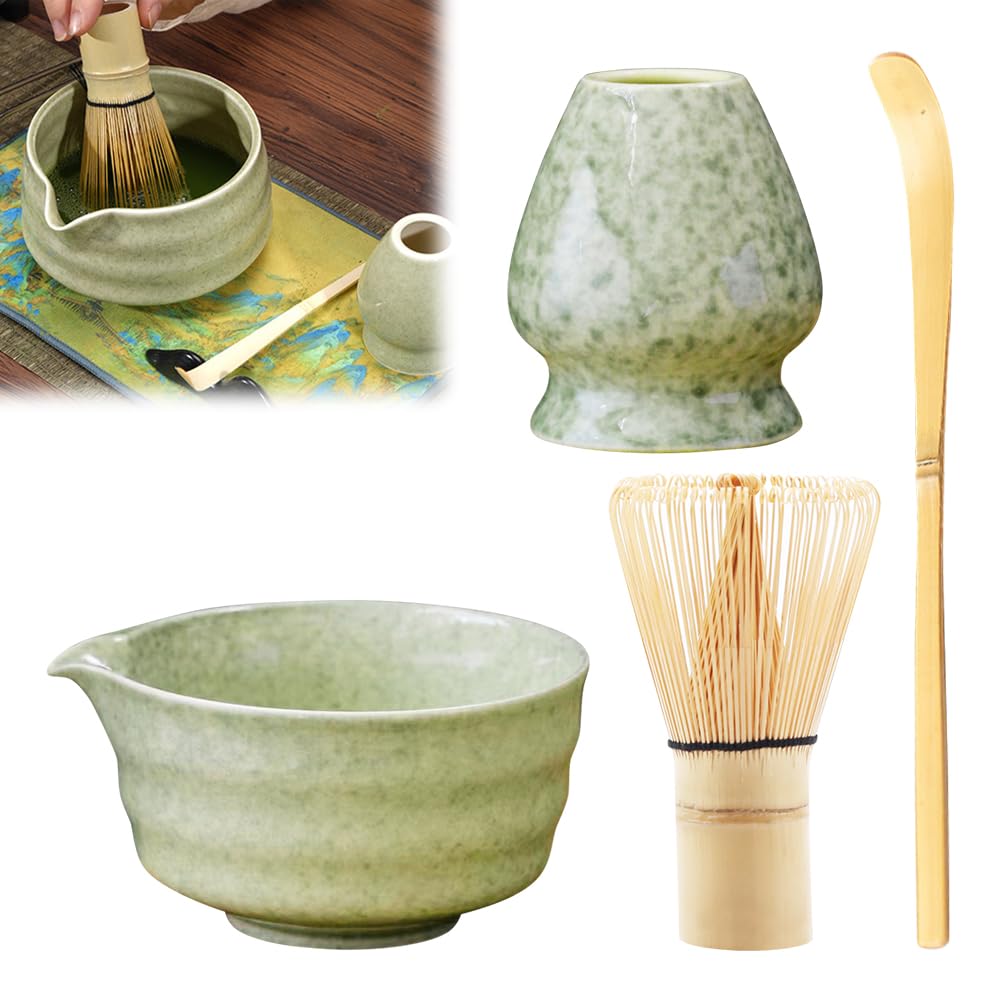 Matcha Kit, Set di Matcha, Set da tè giapponese Matcha, Set di Frusta per Matcha, Ciotola Matcha con Beccuccio,Frusta Matcha in Bambù,Paletta, Supporto per Frusta in Ceramica