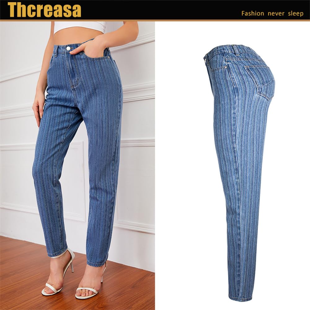 Pantalones Vaqueros Lavados De Tubo Recto Ajustados para Mujer Vaqueros A Rayas Street Small Foot
