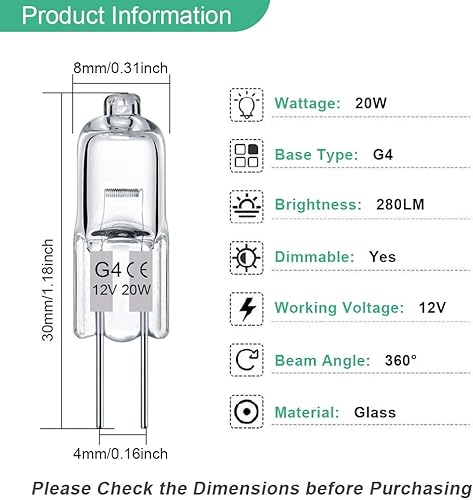 Miniatura 3 de TAIYALOO Paquete de 12 bombillas halógenas transparentes G4, 2 pines, 12 V, 20 W, JC T3, base G4, regulable, 2700 K, blanco cálido, 2 puntas