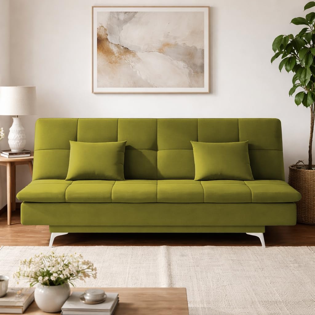 Adorn India Premium New Aspen 3 Seater Sofa Cum Bed 4X6 Velvet Suede with 2 Cushions (Color Light Green) and Suitable for All Indoor, with 3 Years Warranty