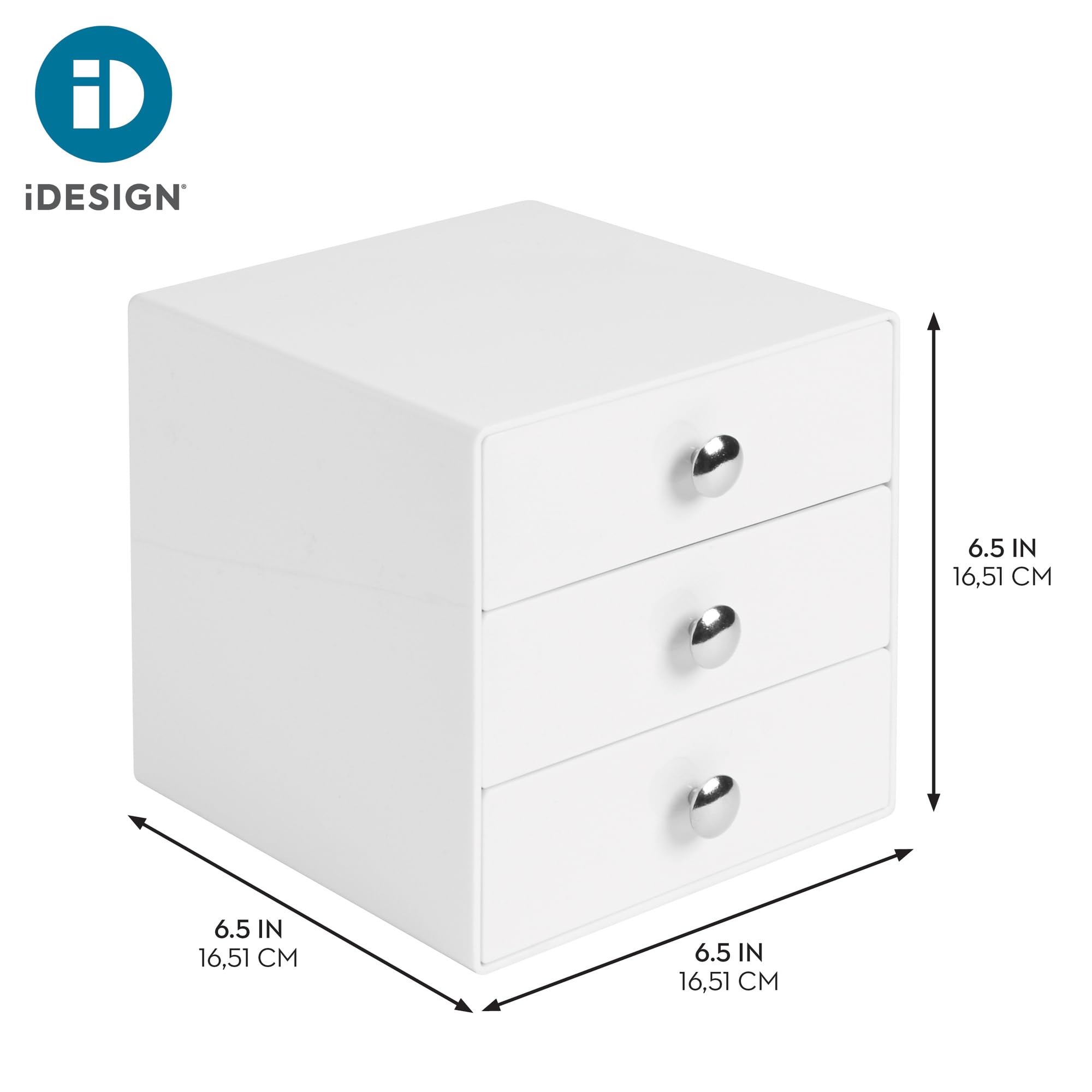 iDesign organizer na kosmetyki z 3 szufladami, kompaktowy organizer na kosmetyki z tworzywa sztucznego, mini kwadratowa mini komoda na kosmetyki i kosmetyki, biały