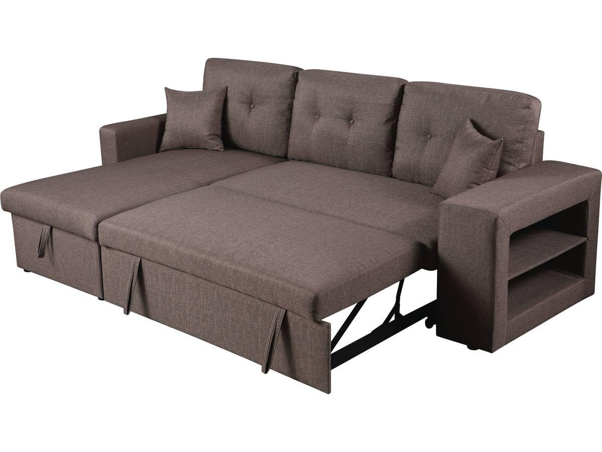 Habitat et Jardin - Canapé d'angle Convertible et Réversible Axel 3 Places Taupe - Canapé Lit Design Moderne en Tissu Lin - Espace de Stockage (Méridienne) + Étagères