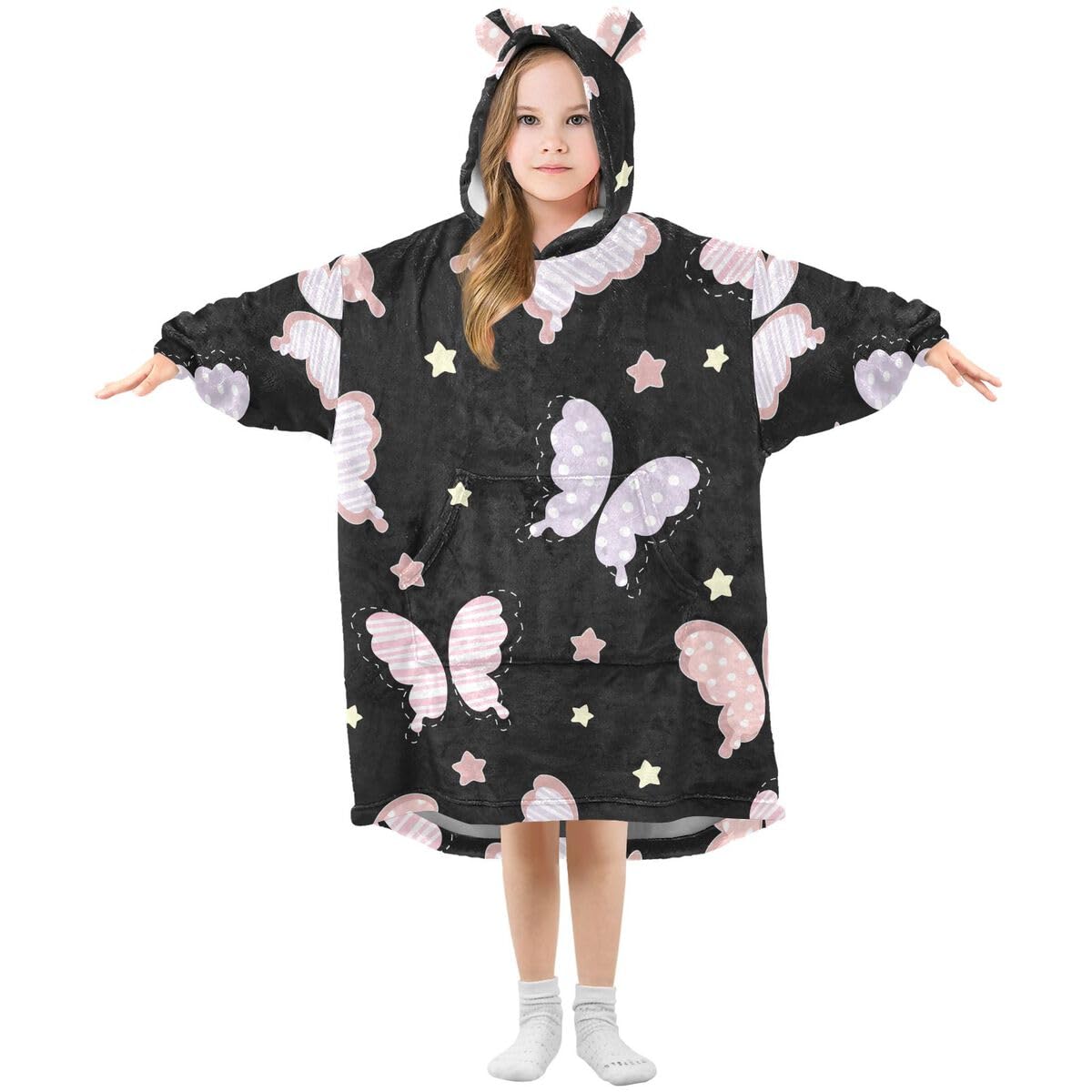 Motyl gwiazdy dziecięcy koc do noszenia bluza z kapturem oversize bluza koc sweter różowa gwiazda dla chłopców i dziewcząt w wieku 3-14 lat