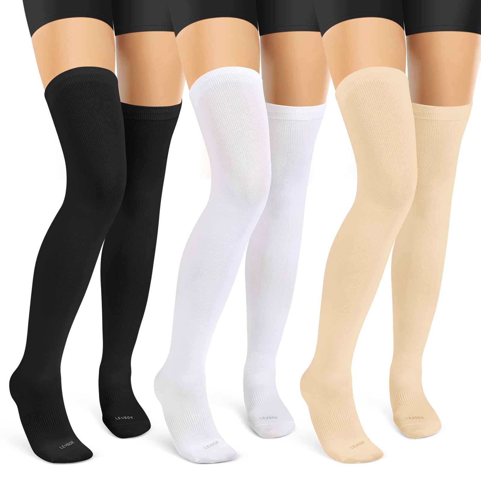 LEVSOX Thigh High Compression Socks for Women 15-20 mmHg Over the Knee Compression Stockings for Men 3 Pair