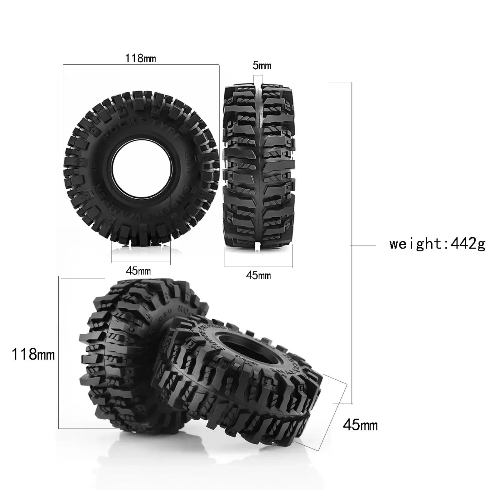 para TRX4 para TRX6 para Axial para SCX10 II III 90046 AXI03007 para Redcat GEN7 GEN8 D90 Blaze 1/10 4PCS 1.9 ''Ruedas Goma Neumáticos sobre Orugas RC Coche NeumáTico Piezas