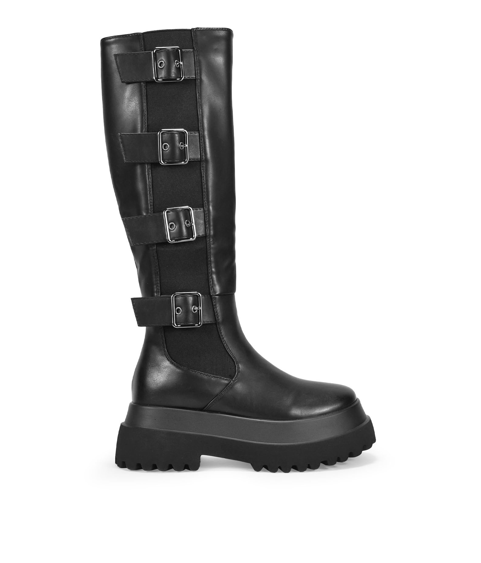 BOSANOVA Botas Altas Negras para Mujer con elástico Lateral, Tiras con Hebillas Ajustables y Suela de Plataforma Doble de 6.5 cm. Cierre con Cremallera Interior. Calzado para Mujer