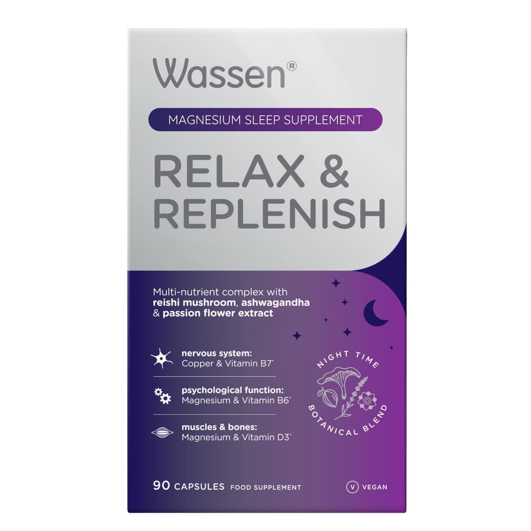Wassen Relax & Replenish 90 Magnesium Capsules | Magnesium Sleep Supplements Supporting Psychological Function | Ashwagandha to Help Relaxation | Passion Flower Capsules | Reishi Mushroom & Lavender