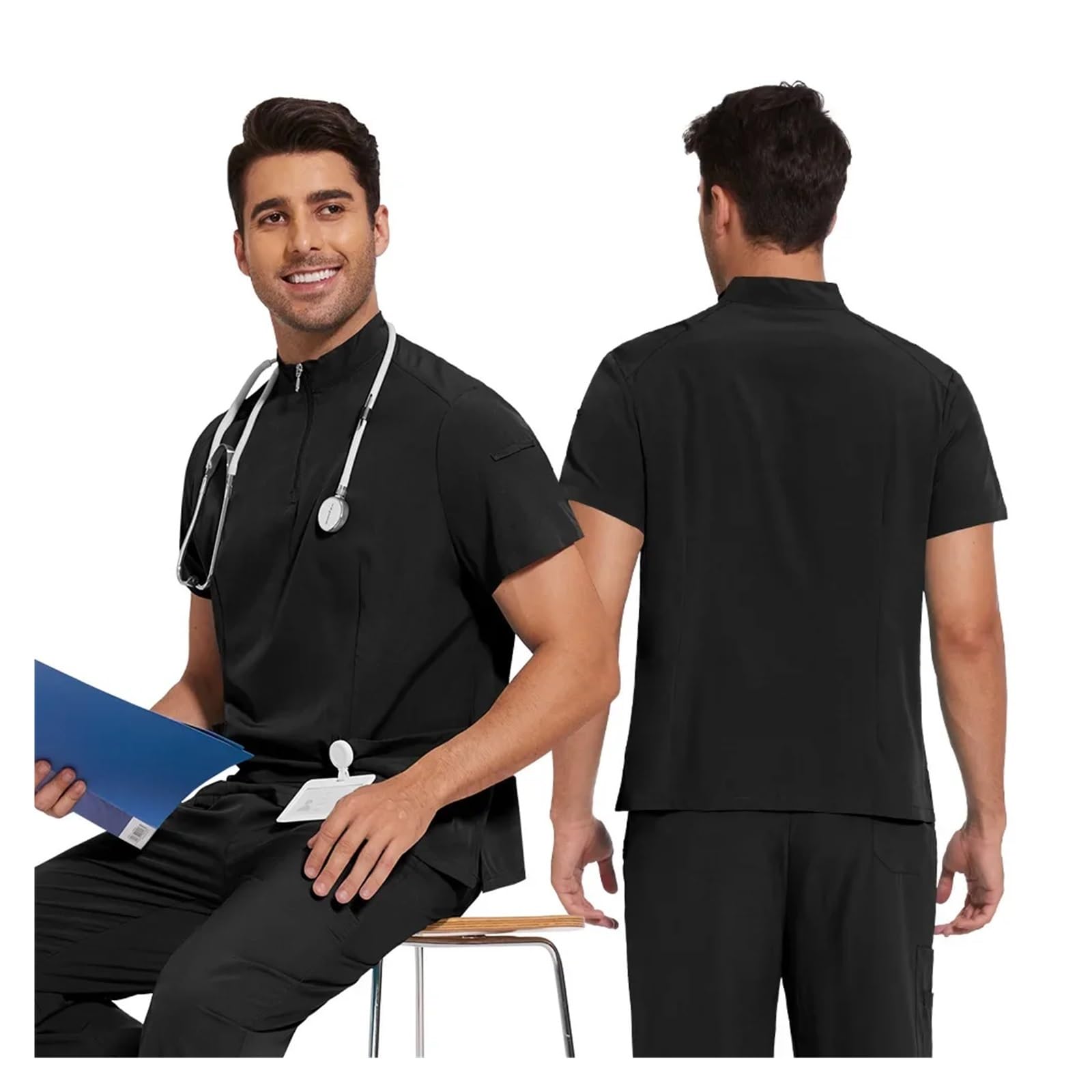 Casacca Sanitaria Donna Uniformi mediche Set di Scrub ospedalieri Accessori for Infermieri Camici Chirurgici Unisex Top Pantaloni Clinica odontoiatrica Spa | Black,M