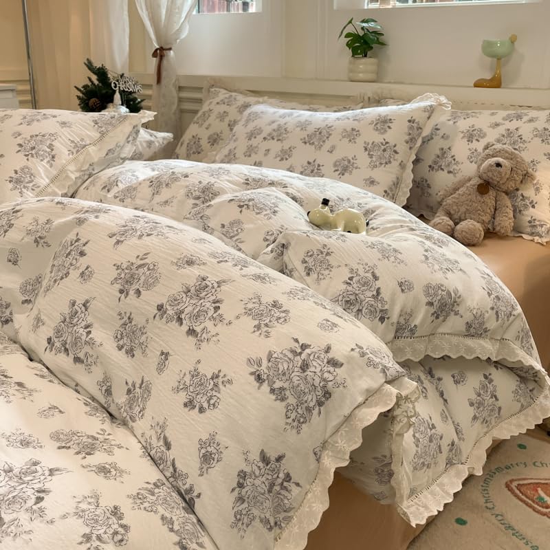 LinQton Juego de funda de edredón vintage a cuadros color marrón, juego de ropa de cama con volantes, de algodón lavado, acogedor, moderno, floral, para decoración de dormitorio, con sábana encimera