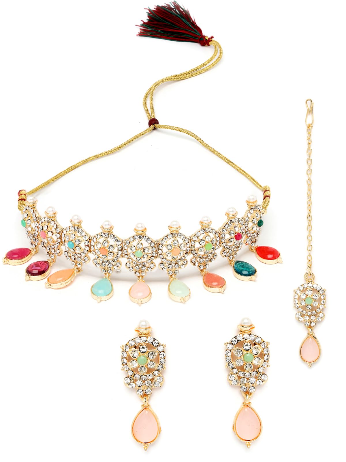 SukkhiTerrific Gold Plated Multi AD Stones & Beads Choker Necklace Set With Earring And Maangtika | Jewellery Set For Women (NS105563)