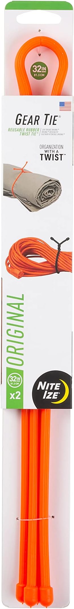 Nite Ize, Inc. GT32-31-2R3 Nite Ize Original Gear, Reusable Rubber, 32 Inch, 2-Pack, Bright Orange, Made in the USA Twist Tie, 32"-2 Pack