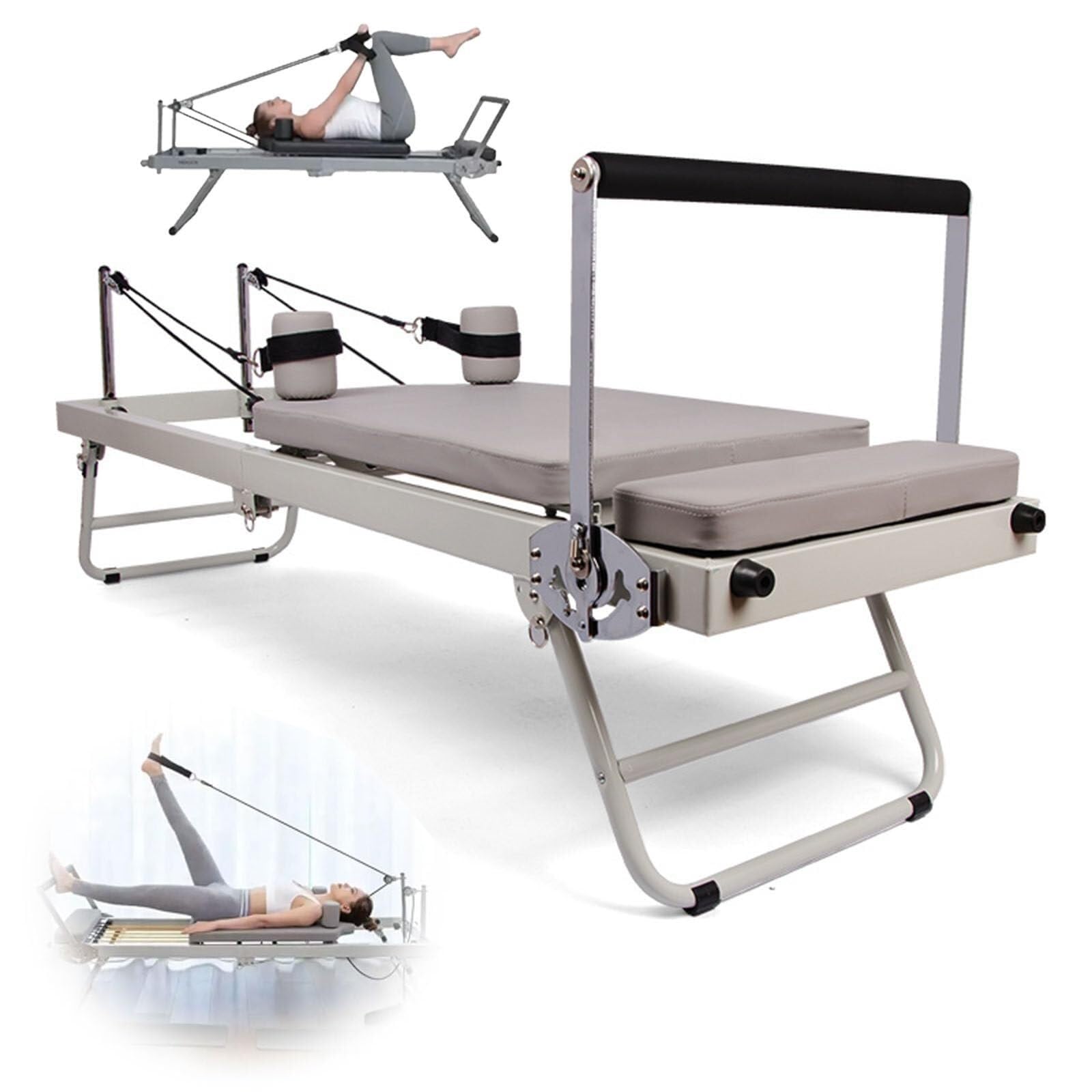 Foldable Pilates Reformer + Moving Pulley, 3 Levels Adjustable - Slide Rope Set, Multifunctional Folding Yoga Bed, Stretching Body Shaping Workout Equipment