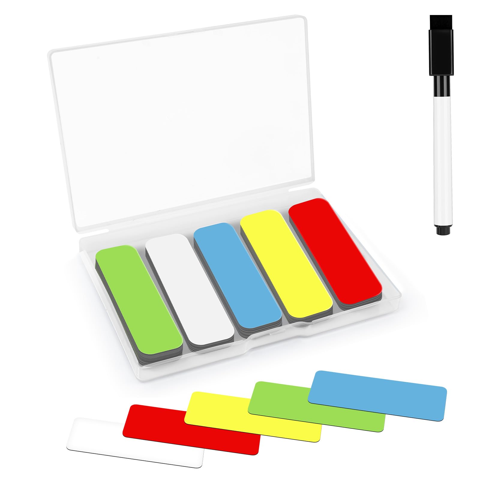 Alaoo Magnetic Labels Writable, 5 Color 90Pcs Reusable Name Tags Magnets with Marker, Dry Erase Magnetic Label Strips for Whiteboard Refrigerator Shelving Classroom Blackboard, Solid Color