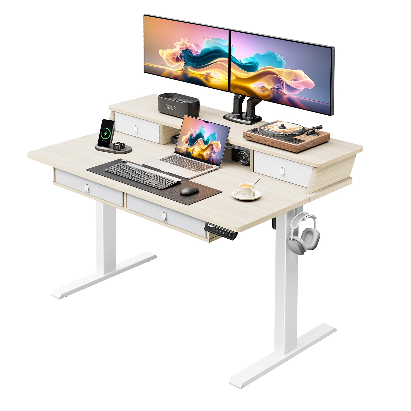 ErGear Electric Standing Desk with 4 Drawers, 48" x 30" Height Adjustable Desk with Storage, C-Clamp Mount Compatible, Computer Home Office Table with Cable Management Tray, Natural