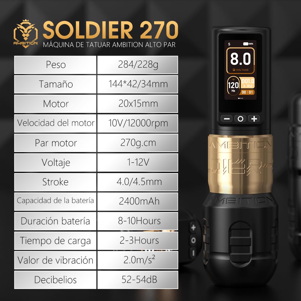 Ambition Soldier 270 Máquina de Tatuar Rotativa Inalámbrica con 270 g·cm de Torque, Motor sin Escobillas, Carrera 4.0mm y Batería Táctil Dual 2400mAh para Profesionales