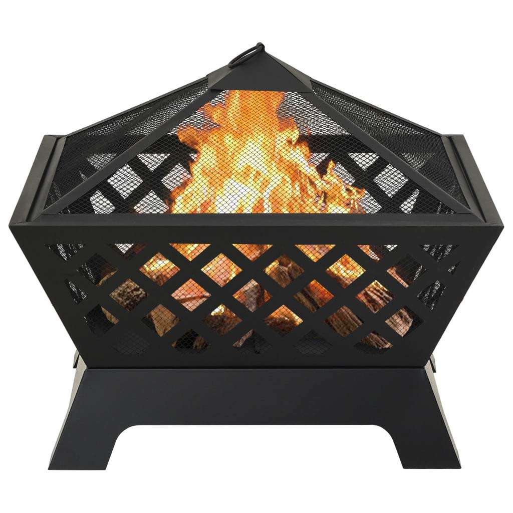Feuerstelle mit Schürhaken 64 cm XXL Stahl, schwarzer Kamin ofen für terrasse und garten, mit funkenschutz, gitterabdeckung, wärme und deko für behaglichkeit im außenbereich