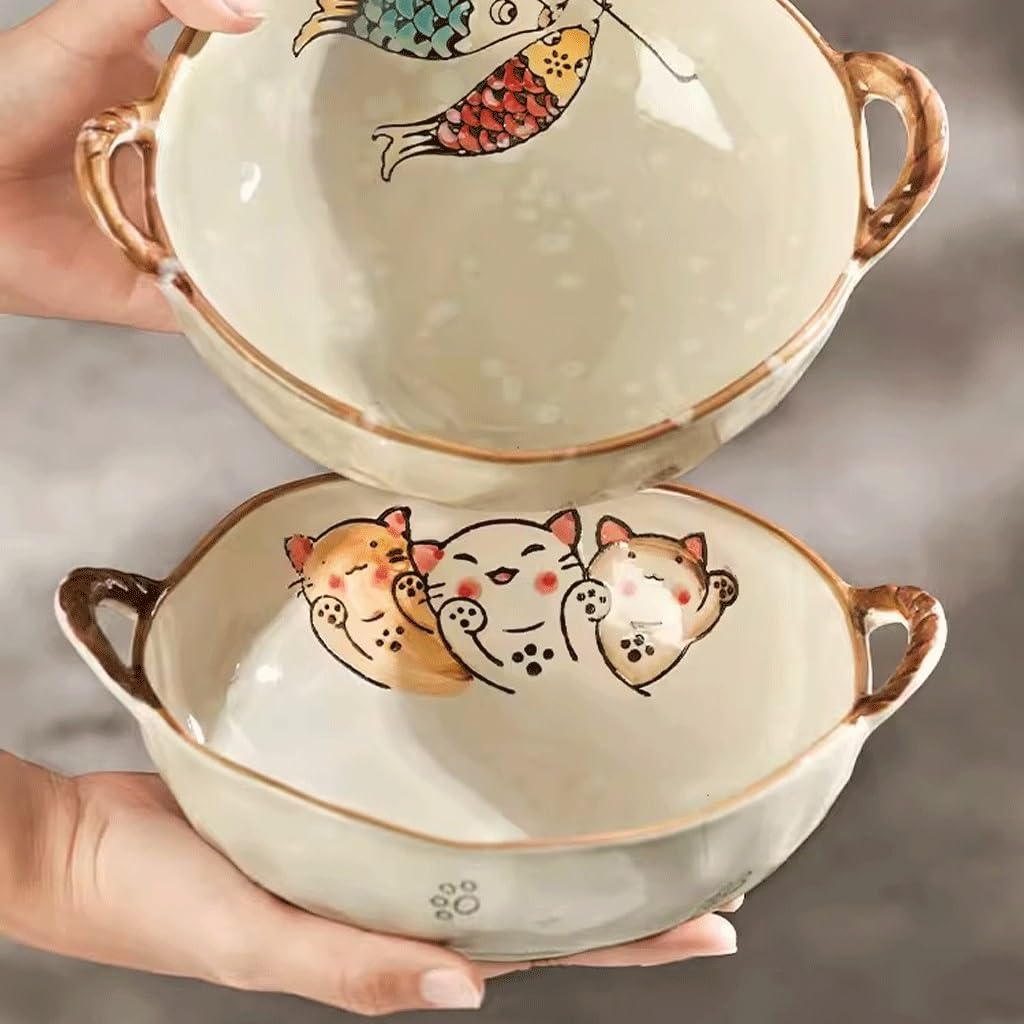 Suppenschüssel mit zwei Henkeln, Ramen-Schalen, Obstschale, Retro-Keramik, Doppelohrig, for Den Haushalt, Chinesische Nudelsalat-Suppe, Instant-Dinner-Teller