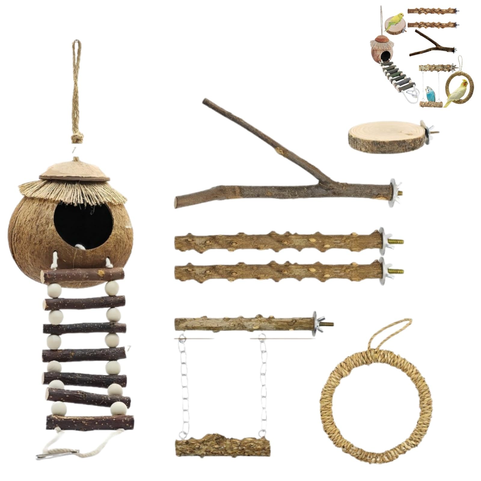 Kit d'Accessoires pour Oiseaux, Nid de Noix de Coco Naturelle avec Perchoirs en Bois de Sichuan, Balançoire et Plateforme, Adapté aux Perruches, Perroquets et Oiseaux de Petite Taille