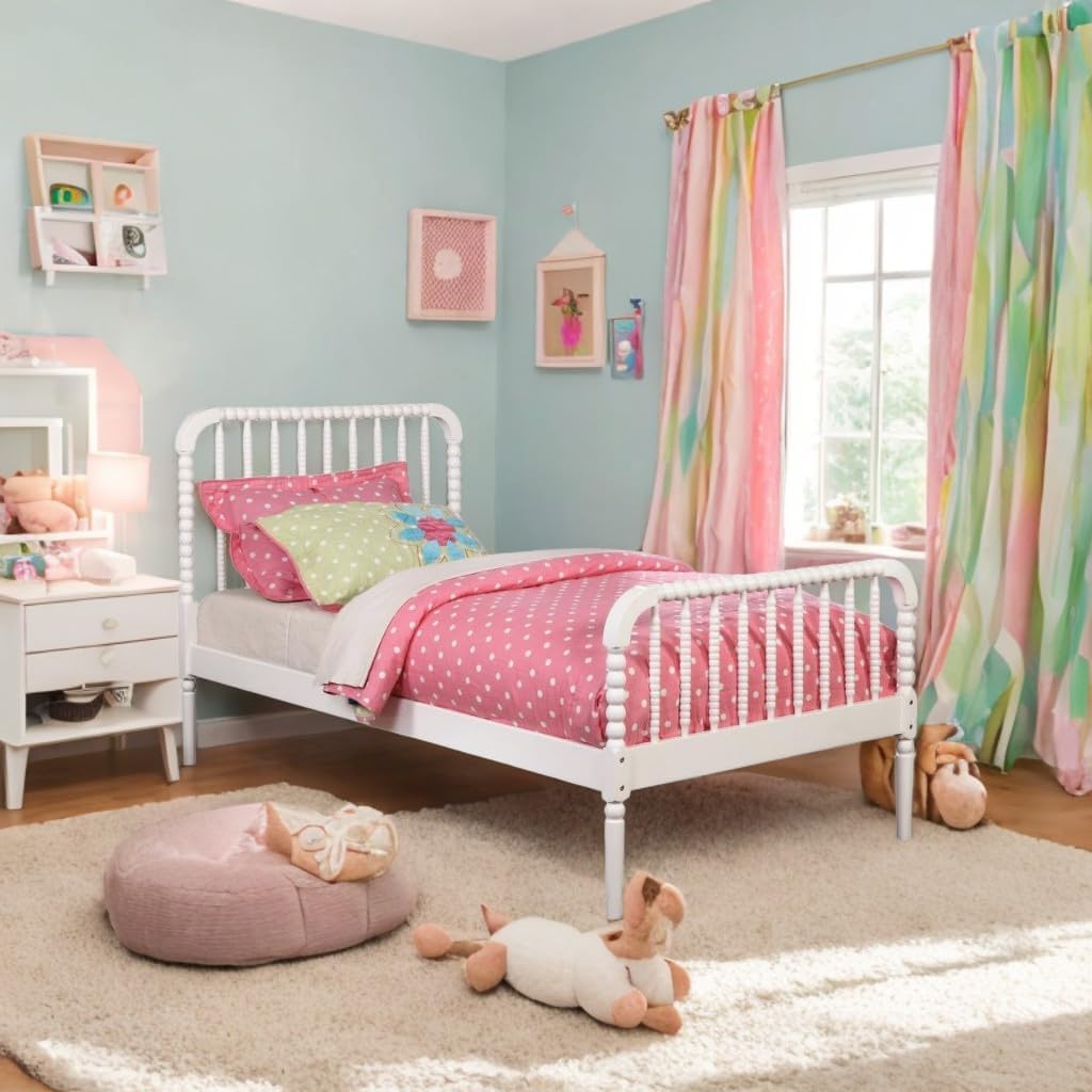 CARTESIAN Zoey Twin Size Solid Wood Slat Panel Bed Frame with Bobbin Design in White, for Girls, Kids, No Box Spring Needed