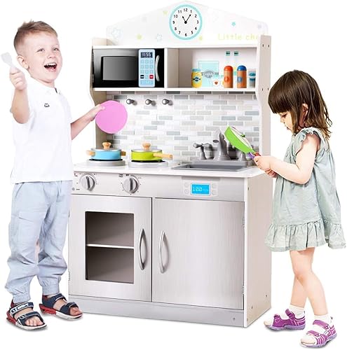 ARLIME Juego de cocina para niños, cocina de juguete de madera con fregadero extraíble, microondas, utensilios de cocina, armario de almacenamiento