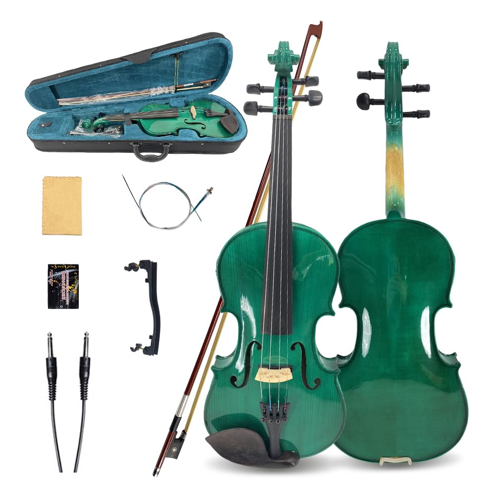 Yinfente 4/4 violino elettrico e acustico full-size, 4 corde, abete d'acero per studenti, bambini, principianti, custodia rigida, arco in legno brasiliano, cavo, panno di pulizia (verde)