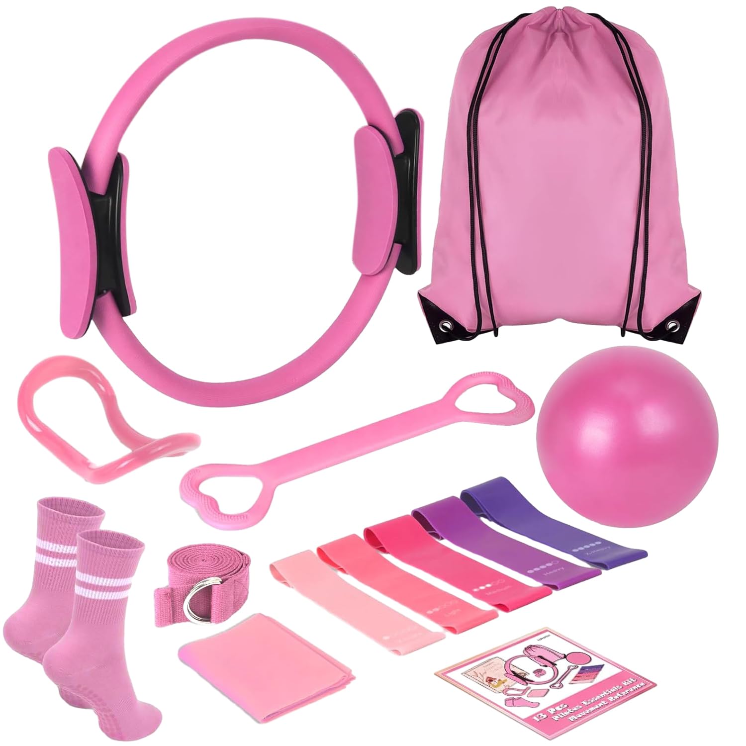 HAKELPOK Pilates Kit for Home Workouts for Women-12-Piece Equipment Set with Ring,Yoga Ball,5 Resistance Bands,Figure-8 Band,Arm Stretcher,Grippy Socks,Storage Bag for Toning,Strength & Flexibility