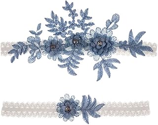 Rockreyoa Liga de boda con flores de encaje, cinta elástica para boda, bordado, accesorio de novia para novias, damas de honor, bodas, decoración cotidiana, regalos de novia, color azul