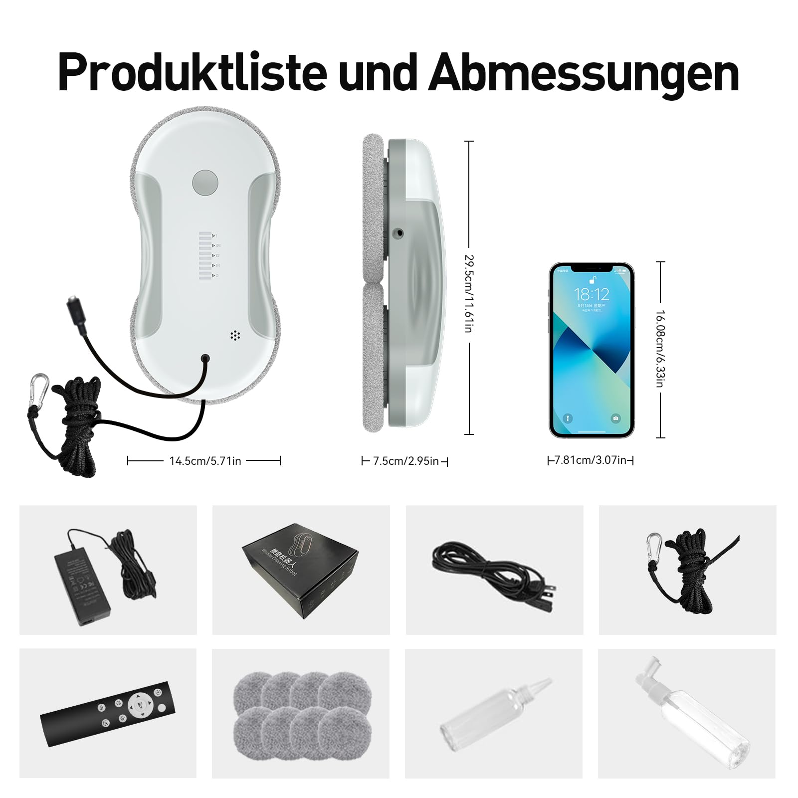 Fensterputzroboter Elektrisch, 5500-5800Pa Fensterroboter mit 2-Fach Sprühsystem, 80ML Tank, Intelligente Pfadplanung, Mehrfachschutz, für Innen- und Außenfenster