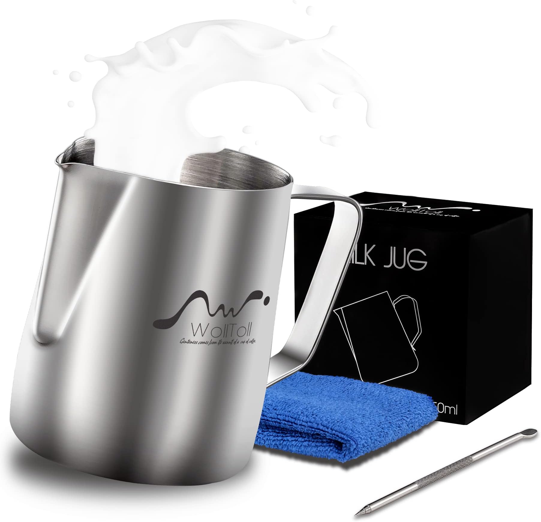 Stainless Steel Milk Frothing Pitcher, 12oz/350ml Milk Coffee Cappuccino Latte Art Frothing Pitcher Barista Milk Jug Cup, Measurements on Both Sides Inside Decorating Art Pen & Microfiber Cloth