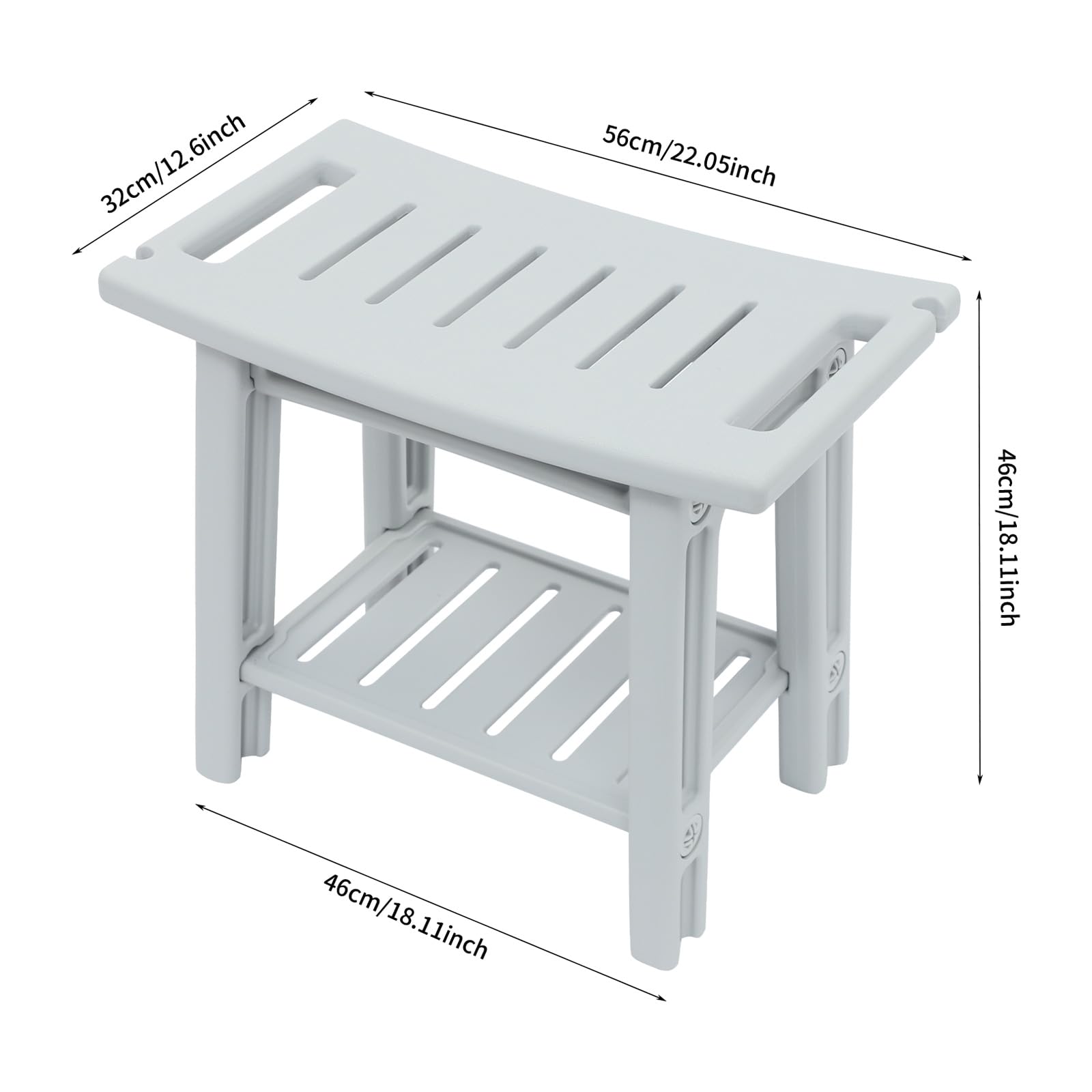 Bancos de ducha, banco de ducha para baño con estante, taburete de ducha de hasta 70 kg, asiento impermeable para baño, ayuda para el baño, asiento de ducha para personas mayores, 56 x 32 x 46 cm