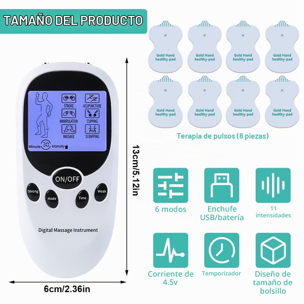 TENS Electroestimulador Muscular, Estimulador Muscular de Doble Canal, Electroestimulador TENS con 6 Modos y 8 Electrodos, TENS EMS Maquina Corrientes Fisioterapia para el Alivio del Dolor